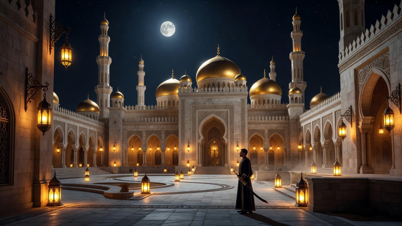 Cinematic Arabian palace under moonlight with glowing lanterns and majestic golden domes
