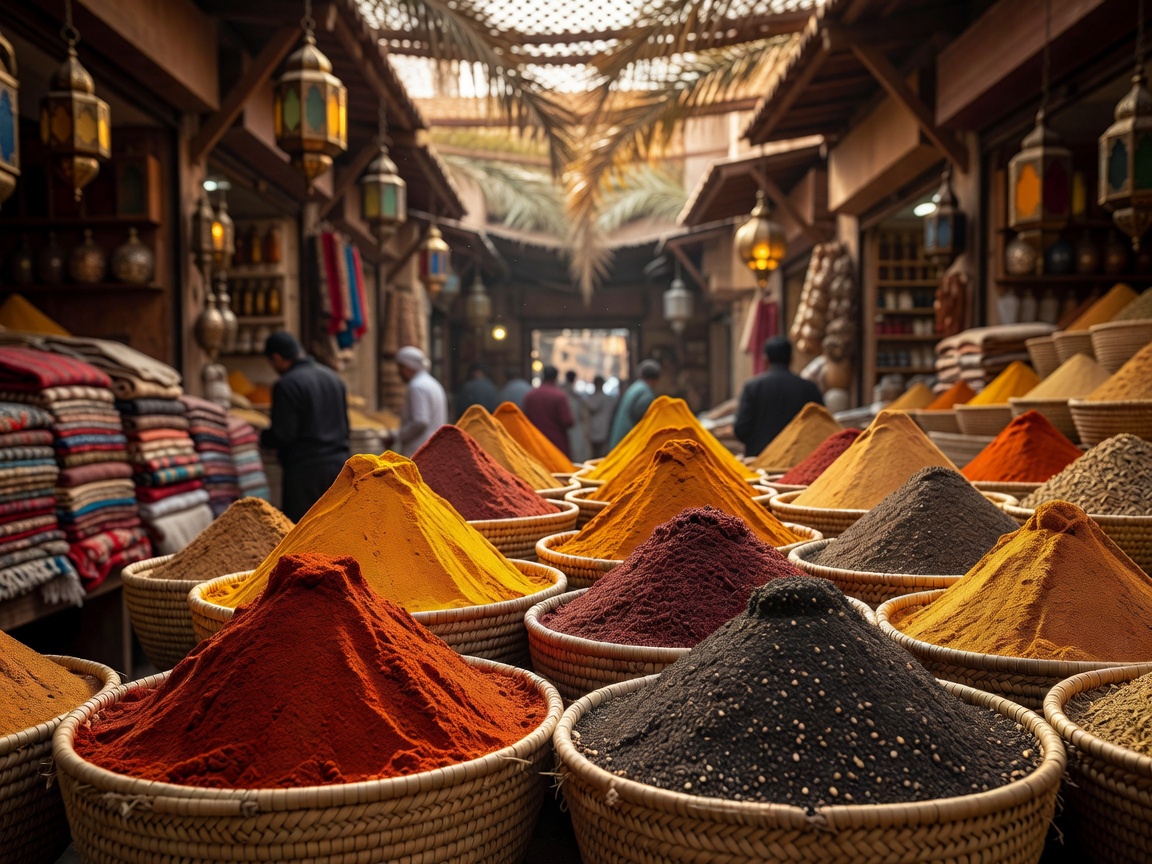 Close-up of colorful spice mounds in a traditional Arabian souk