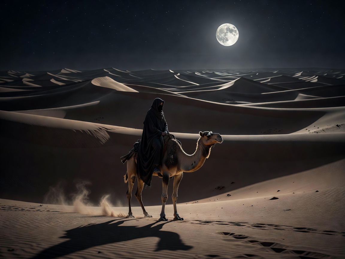 Mysterious figure on camelback in a vast moonlit desert