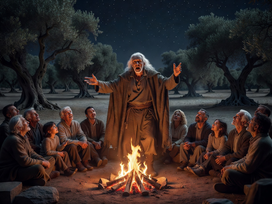 Ancient storyteller gesturing dramatically to a captivated nighttime audience