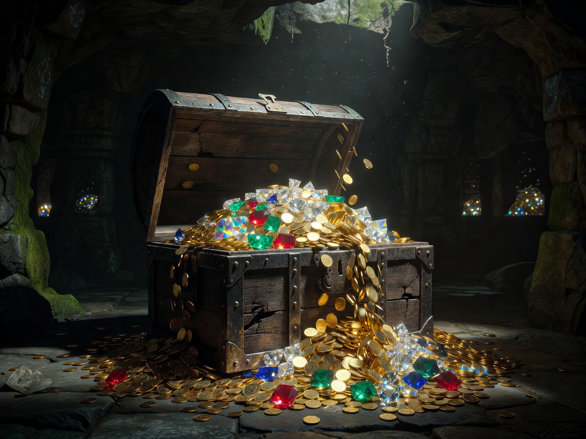 Open treasure chest overflowing with gold coins and gemstones in a dark vault