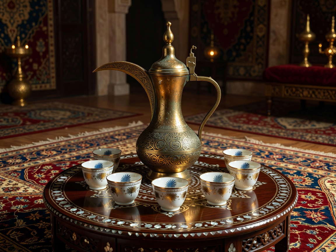 Ornate Arabian coffee service with brass dallah pot and small cups