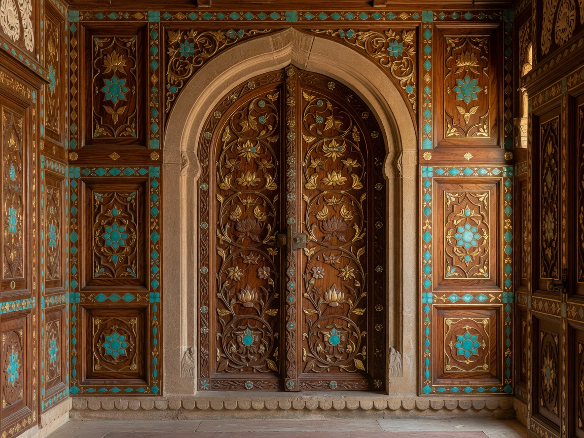 Ornate carved sandalwood palace doorway inlaid with gold and turquoise tiles