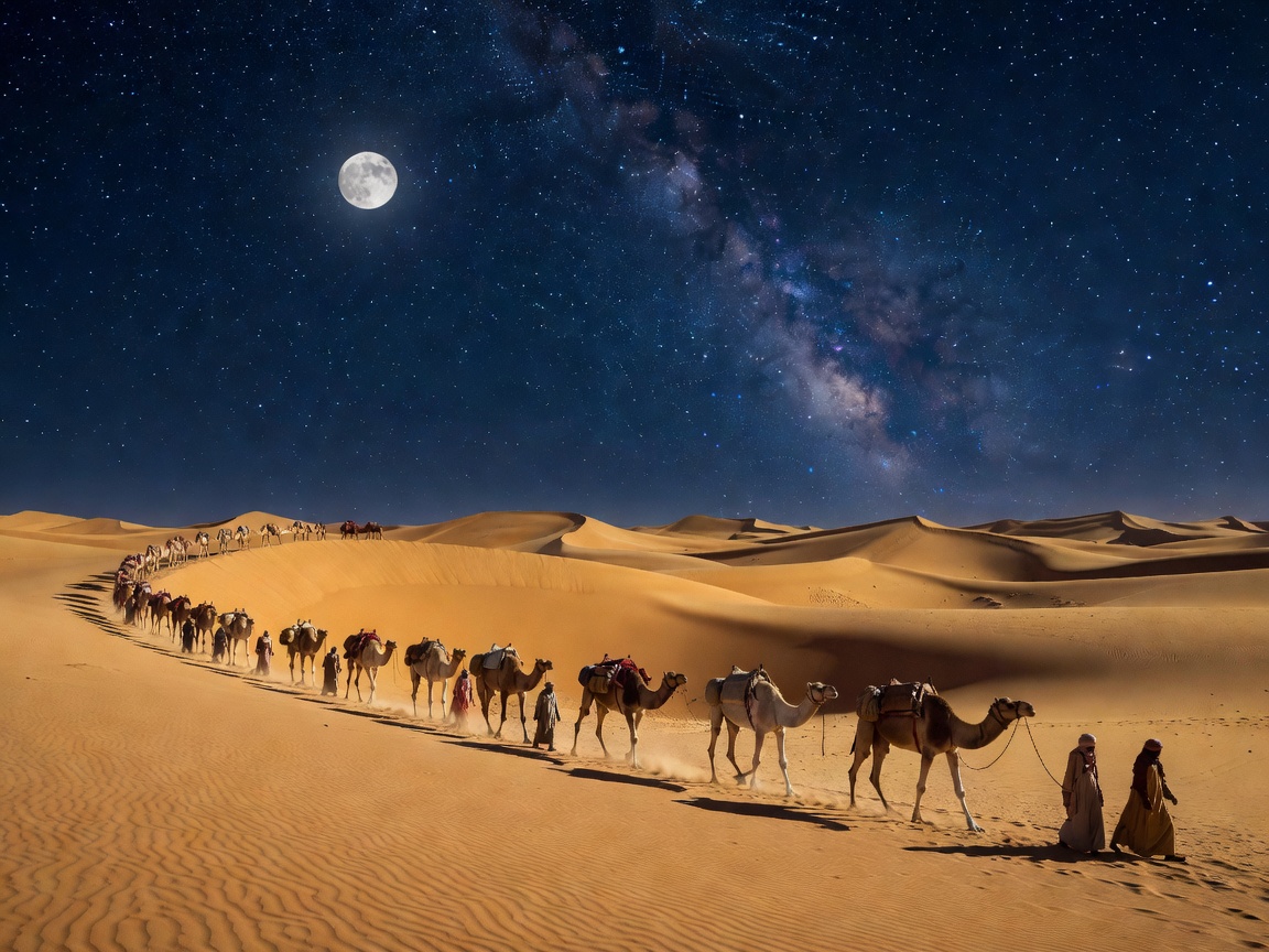 Camel caravan crossing moonlit golden sand dunes under a starry desert sky