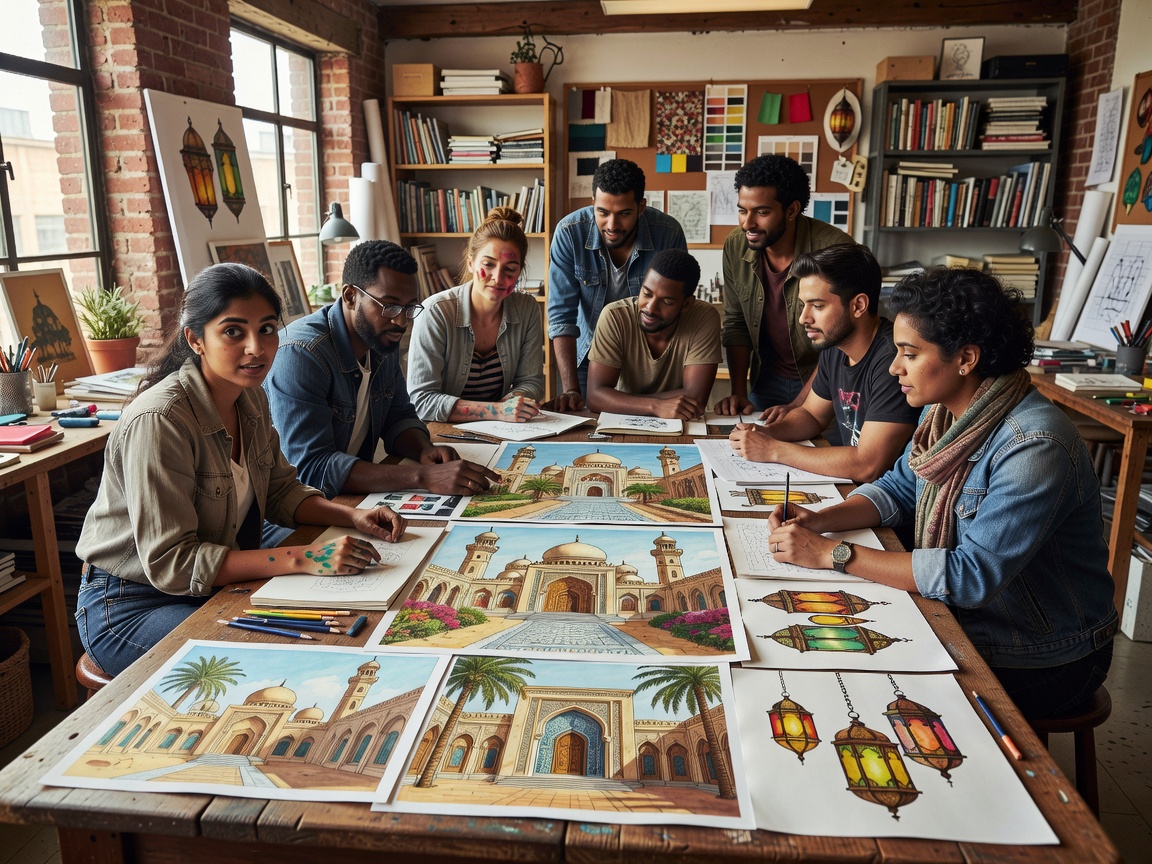 Creative studio team gathered around illustrations of Arabian palaces and lanterns