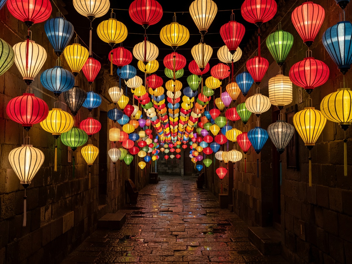 Narrow alley draped with hundreds of colorful glowing lanterns