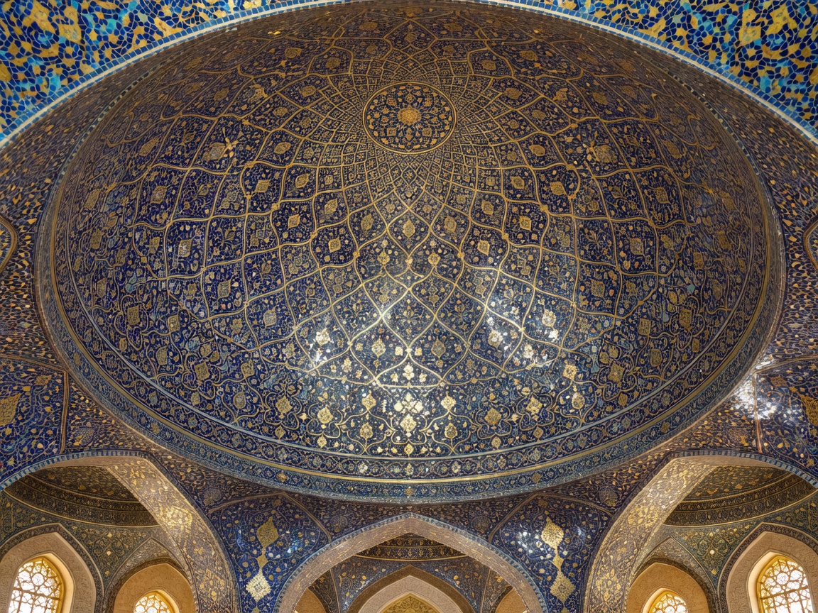 Intricate blue and gold mosaic dome ceiling of an Arabian palace
