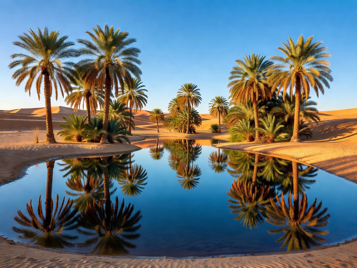 Desert oasis with palm trees reflected in a still blue pool