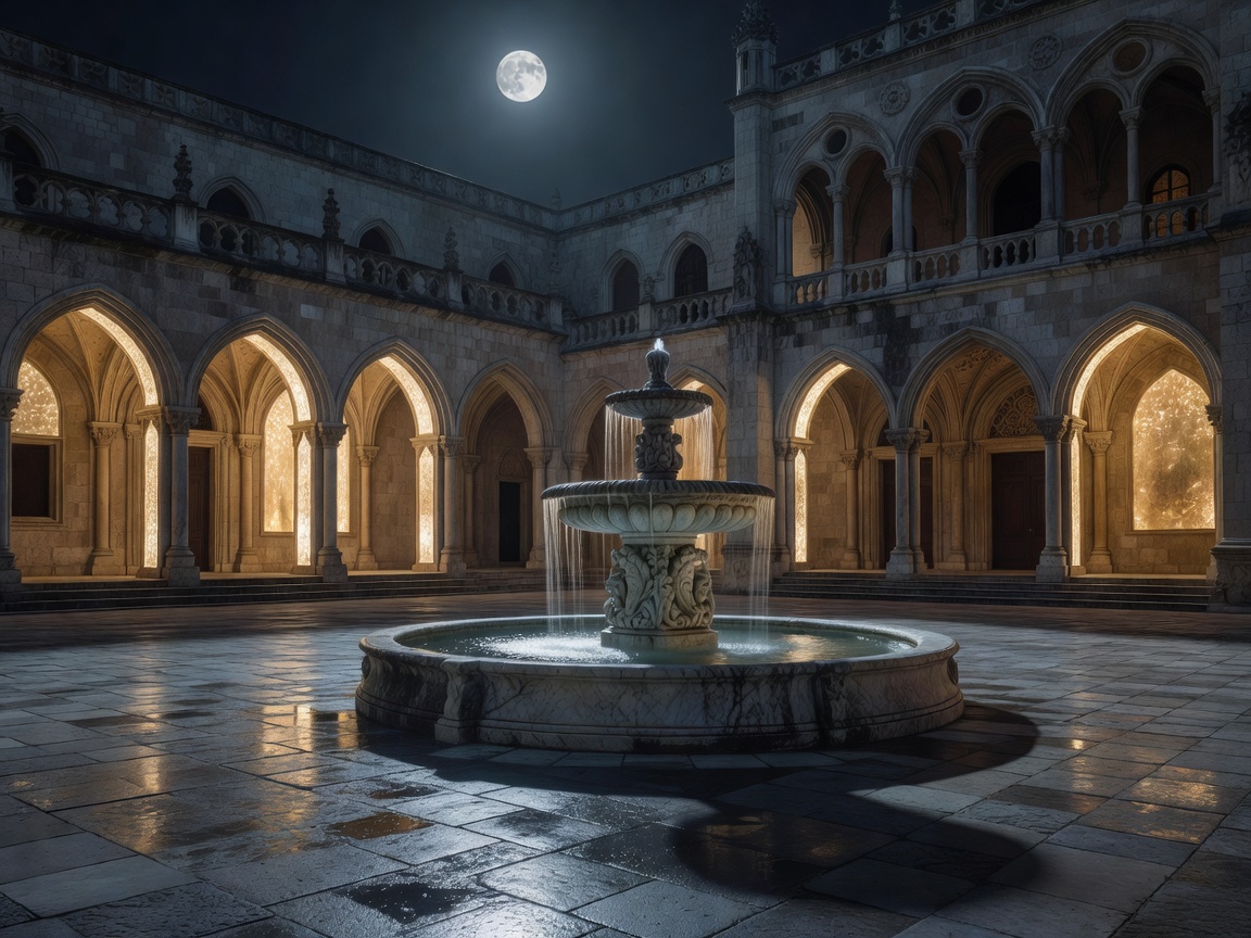 Moonlit palace courtyard with a central fountain and glowing arches