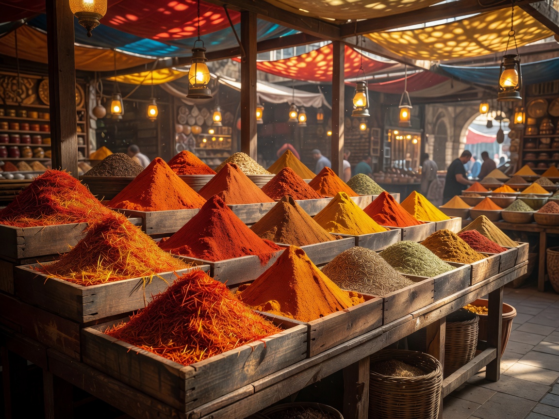 Vibrant spice market stall with mounds of saffron and paprika