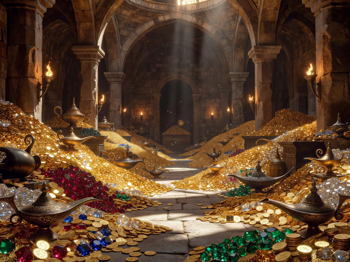 Treasure chamber filled with gold coins, jewels and ancient lamps