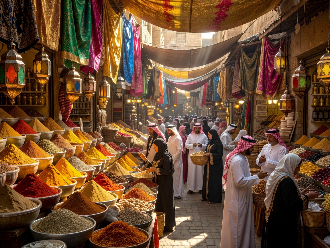 Bustling Arabian bazaar with colorful spice mounds, hanging lanterns and silk fabrics
