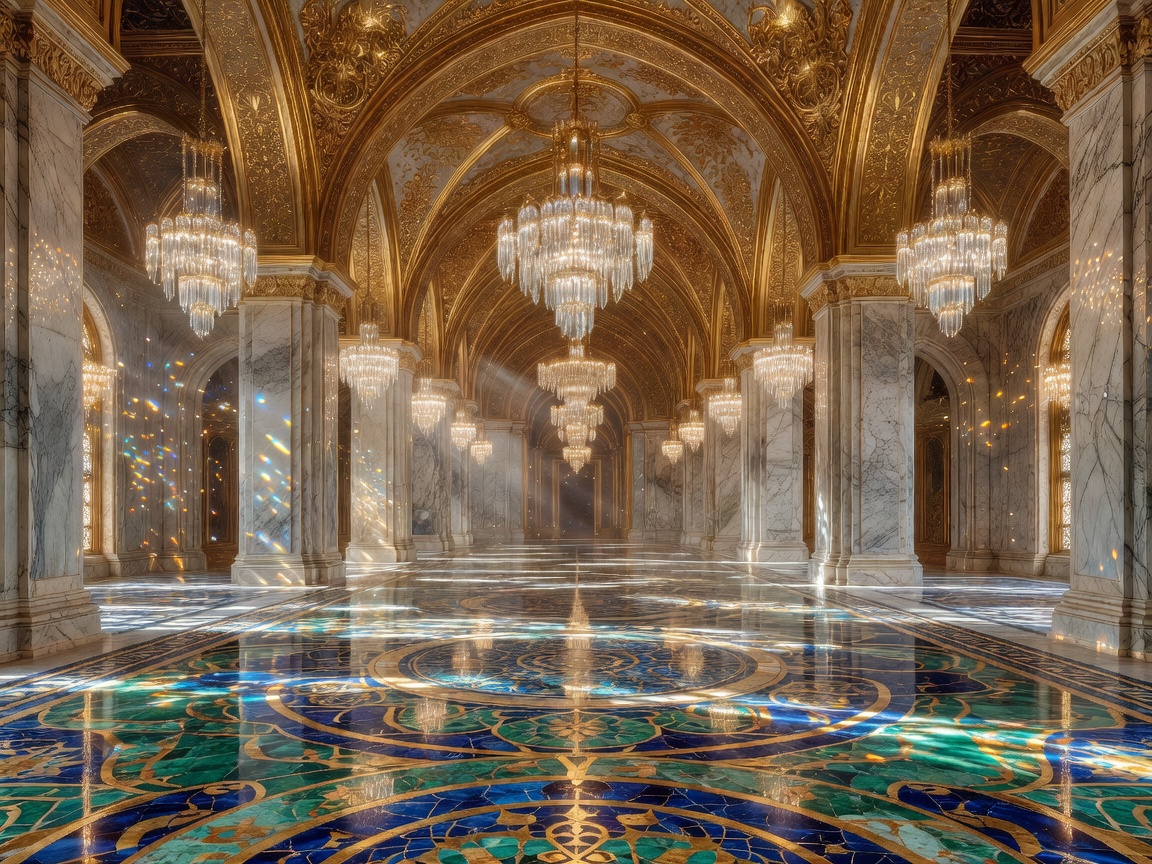 Vast marble palace hall with golden arches, mosaic floors and hanging crystal lanterns