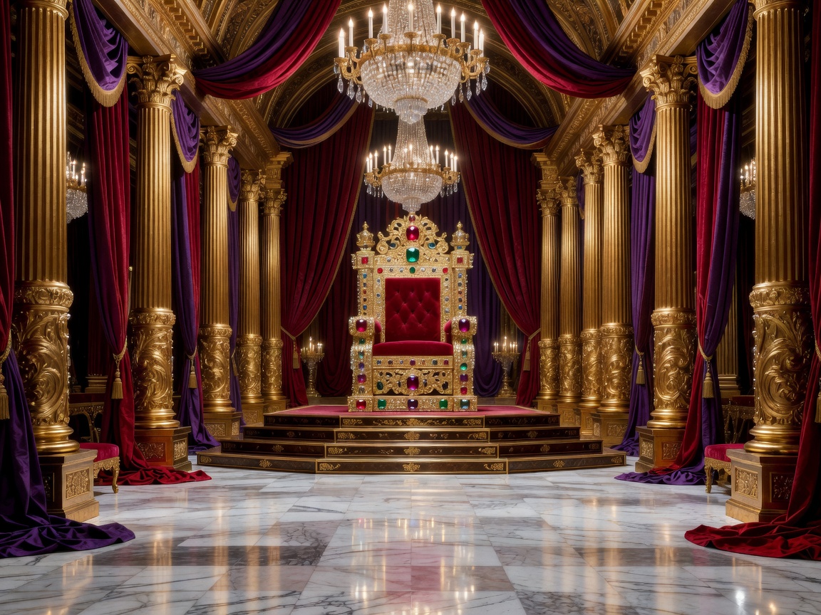 Grand royal court hall with golden columns, silk drapes and a jeweled throne
