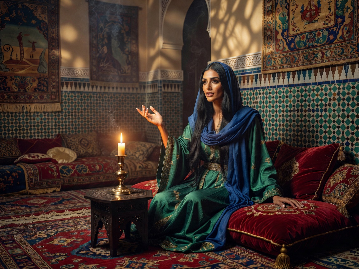 Scheherazade telling stories by candlelight in an ornate Arabian chamber